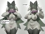  2023 anthro areola biped breasts dialogue english_text female front_view generation_9_pokemon genitals hi_res holding_object holding_scissors looking_at_viewer meowscarada navel nintendo nipples open_mouth pokemon pokemon_(species) pussy red_eyes scissors simple_background smewed solo speech_bubble text white_background 