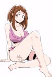  1girl arm_support artist_name bare_legs barefoot bikini blush_stickers boku_no_hero_academia breasts brown_eyes brown_hair cleavage collarbone frilled_bikini frills knee_up large_breasts looking_to_the_side medium_hair open_mouth pink_bikini relaxjon signature simple_background sitting solo swimsuit thigh_strap thighs uraraka_ochako white_background 