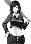  1girl absurdres baseball_bat black_hair black_pants breasts chainsaw_man crop_top greyscale highres holding holding_weapon laba_laba_batu looking_at_viewer midriff mifune_fumiko monochrome navel pants simple_background smile stomach weapon 
