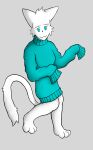  :3 anthro blue_clothing blue_eyes blue_shirt blue_topwear clothing felid feline female fur hi_res humanoid mammal oversized_shirt shaded shirt simple_background simple_shading smug strangertimes sweatshirt topwear white_body white_fur 