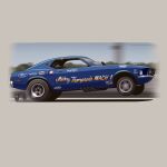  1boy arhentol car company_name danny_ongais driving ford ford_mustang from_side helmet highres motion_blur motor_vehicle muscle_car race_vehicle racecar real_life shadow sky tree vehicle_focus 