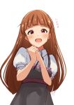  1girl blunt_bangs blunt_ends blush brown_hair commentary_request forehead highres idolmaster long_hair looking_at_viewer minase_iori open_mouth own_hands_together red_eyes ribbon short_sleeves simple_background sinobu0425 solo 