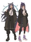  2girls :d alternate_costume black_hair black_pants black_skirt boots bow breasts criis-chan danganronpa_(series) danganronpa_2:_goodbye_despair full_body green_hair hair_bow hair_horns high_heels jacket large_breasts long_hair long_sleeves mioda_ibuki multiple_girls open_clothes open_jacket pants panty_&amp;_stocking_with_garterbelt pink_hair pleated_skirt puffy_long_sleeves puffy_sleeves purple_bow shirt_tucked_in shoes simple_background skirt smile standing stocking_(psg) teeth twitter_username upper_teeth_only white_background white_hair 