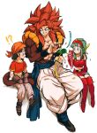  1boy 2girls absurdres bandana black_hair blue_hair boots bra_(dragon_ball) cellphone confetti crop_top dragon_ball dragon_ball_gt father_and_daughter gloves gogeta grandfather_and_granddaughter hairband highres miniskirt multiple_girls pan_(dragon_ball) phone red_hair red_skirt relio_db318 skirt smartphone super_saiyan super_saiyan_4 thigh_boots thighhighs 