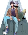  2boys akagi:_yami_ni_oritatta_tensai akagi_shigeru back-to-back belt black_belt black_eyes black_hair black_shirt blue_footwear blue_pants bomber_jacket brown_jacket cigarette closed_mouth coat commentary_request frown full_body green_coat grey_hair holding holding_cigarette inudori itou_kaiji jacket kaiji long_hair looking_at_viewer male_focus medium_bangs multiple_boys open_clothes open_jacket pants shirt shoes short_hair sitting smoking sneakers 