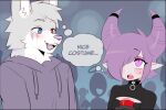  absurd_res anthro canid canine choker cleavage_cutout clothed clothing demon demon_humanoid dialogue duo fangs female fully_clothed hair heterochromia hi_res hoodie horn humanoid jewelry male mammal necklace party purple_eyes purple_hair sataenart silhouette smile speech_bubble teeth topwear 