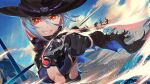  1girl aiming aiming_at_viewer black_gloves black_scarf blue_hair character_request copyright_request cowboy cowboy_hat gloves grin gun handgun hat highres holding holding_gun holding_weapon kainown red_eyes red_hair scarf smile solo weapon 