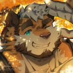  1boy autumn_leaves bara beard blush facial_hair from_above furry furry_male grin highres huge_eyebrows large_hands light_blush looking_at_viewer male_focus mature_male muscular muscular_male one_eye_closed orange_theme original portrait salute short_hair smile solo sunlight thick_eyebrows tiger_boy_(mouact2) tree_shade two-finger_salute winters29208178 