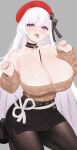  1girl absurdres aran_sweater azur_lane bare_shoulders belfast_(azur_lane) belfast_(shopping_with_the_head_maid)_(azur_lane) beret between_breasts black_pantyhose black_skirt blush breasts brown_sweater cable_knit choker cleavage food food_between_breasts grey_background hair_between_eyes hands_up hat highres huge_breasts kneeling long_hair looking_at_viewer off-shoulder_sweater off_shoulder official_alternate_costume pantyhose pencil_skirt pocky purple_eyes red_headwear red_nails simple_background skirt solo striped_choker sweater tongue tongue_out wennananyan white_hair 