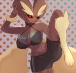  absurd_res anthro big_breasts body_writing breasts brown_body brown_fur cleavage clothed clothing female follower_number fur generation_4_pokemon hi_res lagomorph lopunny mammal nintendo nyaohha pokemon pokemon_(species) red_eyes simple_background tan_body tan_fur thick_thighs writing_on_breasts 