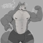  2023 abs anthro barazoku beastars biceps big_bulge big_muscles bodily_fluids bottomwear bulge canid canine canis claws clothed clothing dialogue emanata english_text eyebrows flexing fur grey_background greyscale growth hi_res huge_bulge huge_muscles jayjay_(artist) legoshi_(beastars) male mammal monochrome muscle_growth muscular muscular_anthro muscular_male navel nipples open_mouth pecs shorts simple_background solo sweat sweatdrop text topless topless_anthro topless_male tuft wolf worried worried_look 