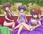  blue_hair breasts brown_hair cosplay dress flower hair_flower hair_ornament legs looking_at_viewer open_mouth ranma_1/2 red_flower short_hair siblings sisters sitting tendou_akane tendou_akane_(cosplay) tendou_kasumi tendou_kasumi_(cosplay) tendou_nabiki tendou_nabiki_(cosplay) wanta_(futoshi) white_dress 