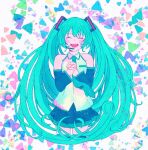  1girl bibibimix39 black_skirt blue_hair blue_necktie closed_eyes detached_sleeves hatsune_miku long_hair microphone multicolored_background necktie open_mouth shirt skirt sleeveless smile solo vocaloid white_shirt 