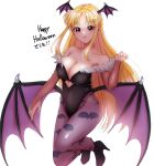  1girl animal_print bare_shoulders bat_print bat_wings black_footwear black_leotard blonde_hair breasts cleavage closed_mouth clothing_cutout commentary_request cosplay english_text fate_testarossa floating halloween happy_halloween head_wings heart_cutout high_heels highleg highleg_leotard large_breasts legs_up leotard long_hair long_sleeves lyrical_nanoha morrigan_aensland morrigan_aensland_(cosplay) nun_(nun_lily) pantyhose print_pantyhose purple_pantyhose purple_wings red_eyes revision simple_background smile solo translated twitter_username vampire_(game) very_long_hair white_background wings 