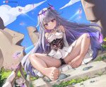  1girl ass bare_legs bare_shoulders barefoot blush breasts cameltoe colored_inner_hair crown crystal detached_collar dress feet foot_focus greatodoggo grey_hair highres hololive hololive_english koseki_bijou legs long_hair looking_at_viewer moai multicolored_hair panties patreon_logo patreon_username purple_eyes sitting smile soles solo toenails toes twitter_logo twitter_username underwear virtual_youtuber white_dress 