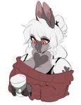  anthro big_breasts bra_strap braided_hair breasts bust_portrait cleavage clothed clothing coffee_cup container countershading cup digital_media_(artwork) ear_piercing ear_ring female grey_body grey_countershading hair hair_bun heart_(marking) hi_res holding_container holding_cup holding_object lagomorph leporid mammal piercing pink_nose portrait punkinbuu rabbit red_eyes ring_piercing shoulderless_sweater solo sweater topwear white_body white_hair yellow_sclera 