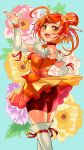  1girl aqua_background ass back bike_shorts bike_shorts_under_skirt choker cure_sunny floral_background hair_bun highres hino_akane_(smile_precure!) looking_back magical_girl open_mouth orange_choker orange_eyes orange_hair orange_skirt orange_theme precure ramune02 red_shorts short_hair shorts shorts_under_skirt single_hair_bun skirt smile smile_precure! solo thighhighs tiara 