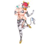  1girl 41_(taskmaster41) :d animal_ear_headwear animal_ears animal_print bare_shoulders bell belly bikini black_collar blue_hair blue_ribbon blush bottle breasts collar colored_inner_hair cow_ears cow_horns cow_print cow_print_bikini cow_print_gloves cow_print_thighhighs cow_tail cowbell curvy ear_tag elbow_gloves english_text fake_animal_ears fake_horns fake_tail frilled_ribbon frills full_body gigantic_breasts gloves gold_footwear hair_over_one_eye headset heart_on_cheek high_heels highres holding holding_bottle hoof_shoes horns ignis_(last_origin) last_origin looking_at_viewer milk milk_bottle multicolored_hair multiple_horns navel official_alternate_costume official_art open_mouth red_eyes red_hair ribbon short_hair simple_background skindentation smile solo spilling standing standing_on_one_leg string_bikini sweatdrop swimsuit tachi-e tail teeth thick_thighs thighs third-party_source transparent_background two-tone_hair undersized_clothes upper_teeth_only v-shaped_eyebrows y-string yellow_horns 