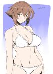  1girl bikini blue_background breasts brown_hair cleavage commentary_request cowboy_shot dated flipped_hair gradient_background green_eyes groin highres kantai_collection large_breasts mutsu_(kancolle) navel short_hair solo swimsuit taira_yuuki white_bikini 