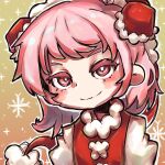  1girl bright_pupils brown_background bun_cover christmas closed_mouth commentary double_bun english_commentary hair_bun highres ibaraki_kasen looking_at_viewer molly_yancey pink_eyes pink_hair short_hair smile snowflakes solo touhou upper_body white_pupils 