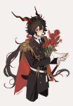  1boy animal_ears arknights artist_name black_cape black_coat black_hair black_necktie black_pants blush bouquet cape coat cowboy_shot ebenholz_(arknights) ebenholz_(eine_variation)_(arknights) epaulettes flower gloves goat_boy goat_ears goat_horns grey_background hair_between_eyes highres holding holding_bouquet holding_pocket_watch horns long_hair long_sleeves looking_at_viewer male_focus necktie pants pocket_watch purple_eyes red_cape red_flower red_rose rose shikiri shirt simple_background solo sweatdrop twitter_username very_long_hair watch white_gloves white_shirt 