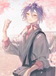  1boy bag blue_hair cardigan cherry_blossoms collared_shirt falling_petals flower half_updo kamishiro_rui long_sleeves looking_at_viewer male_focus multicolored_hair petals pink_flower pink_shirt project_sekai purple_hair sal school_bag shirt short_ponytail smile solo teeth white_cardigan yellow_eyes 