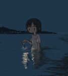  1girl arm_at_side black_hair breast_pocket city_lights closed_mouth expressionless fireworks holding_fireworks horizon lighthouse looking_down mountainous_horizon night no_sclera ocean original outdoors partially_submerged pocket reflection reflective_water shirt short_hair short_sleeves solo sparkler standing t-shirt umi_ha_kirai white_shirt |_| 