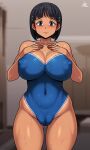  1girl absurdres ass_visible_through_thighs black_hair blue_one-piece_swimsuit blush breasts cameltoe closed_mouth covered_navel covered_nipples hair_ornament hairclip hand_on_own_chest highres jmg kirigaya_suguha large_breasts looking_at_viewer oiled one-piece_swimsuit plump short_hair skin_tight solo standing swimsuit sword_art_online tan tanlines wet 