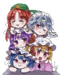  5girls bat_wings beret blonde_hair blue_hair blush braid closed_eyes closed_mouth commentary crescent crescent_hat_ornament cup dress flandre_scarlet frown green_headwear grey_hair hat hat_ornament hat_ribbon highres holding holding_cup hong_meiling izayoi_sakuya izumi_no_yasushi_aya long_hair looking_at_viewer maid_headdress mob_cap multiple_girls one_eye_closed open_mouth patchouli_knowledge pink_dress purple_eyes purple_hair red_eyes red_hair remilia_scarlet ribbon short_hair siblings side_ponytail simple_background sisters sketch smile star_(symbol) star_hat_ornament tea touhou twin_braids wings 