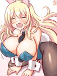  1girl animal_ears artist_logo atago_(kancolle) between_breasts black_pantyhose blonde_hair blue_leotard blush bouncing_breasts breasts closed_eyes covered_navel detached_collar fake_animal_ears fake_tail gradient_background highleg highleg_leotard jewelry kanon_(kurogane_knights) kantai_collection large_breasts leotard necklace necktie necktie_between_breasts one-hour_drawing_challenge open_mouth pantyhose playboy_bunny rabbit_ears rabbit_tail sitting strapless strapless_leotard tail wariza white_background wrist_cuffs 