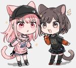  1girl 1other akiyama_mizuki androgynous animal_ears arm_up baseball_cap black_choker black_footwear black_headwear black_ribbon black_shirt black_shorts black_skirt black_socks braid brown_eyes brown_hair casual cat_ears cat_girl cat_tail chibi choker clothes_writing commentary dot_nose earclip ears_through_headwear frilled_choker frilled_shorts frills full_body gradient_eyes grey_stripes hair_down hair_ornament hand_on_own_face hand_up hat jewelry kaesmedubu kemonomimi_mode kneehighs layered_sleeves light_blush long_hair long_sleeves looking_at_viewer multicolored_eyes necklace notice_lines off-shoulder_shirt off_shoulder open_mouth paw_print pink_eyes pink_hair pink_shirt pleated_skirt print_shirt project_sekai ribbon shinonome_ena shirt short_hair short_over_long_sleeves short_sleeves shorts side_braid simple_background single_braid skirt sleeve_cuffs socks sparkle streetwear striped swept_bangs symbol-only_commentary t-shirt tail wavy_mouth white_background white_stripes 