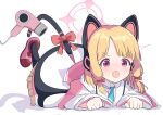  1girl absurdres animal_ear_headphones animal_ears black_socks blonde_hair blue_archive blue_necktie blush bow cat_ear_headphones cat_ears cat_tail coat fake_animal_ears hair_bow hair_dryer halo headphones highres lying momoi_(blue_archive) necktie on_stomach open_mouth pink_footwear red_eyes ribbon shirt shoes short_hair socks solo tail tail_ornament tail_ribbon white_coat white_shirt zener_zapping 