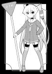  1girl amatsukaze_(kancolle) ataru_(ataru-littlebird) commentary_request dress full_body garter_straps greyscale hair_tubes hand_on_own_hip hat highres kantai_collection lifebuoy_ornament looking_at_viewer mini_hat monochrome neckerchief road_sign sailor_collar sailor_dress sign smile smokestack_hair_ornament solo standing stop_sign striped striped_thighhighs thighhighs two_side_up 