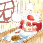  1other :d androgynous bathing bathtub bird commentary_request indoors len&#039;en no_nose open_mouth other_focus red_eyes red_hair shitodo_hooaka short_hair sketch smile soap_bubbles solo v-shaped_eyebrows wooden_bathtub yukkyon_kyon 