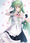  1girl absurdres apron bangs budgiepon c.c. code_geass dress frilled_dress frills green_hair heart heart_hands highres leggings long_hair looking_at_viewer maid maid_apron maid_headdress one_eye_closed solo white_leggings yellow_eyes 