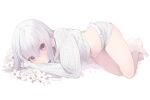  1girl absurdres barefoot closed_mouth flower grey_eyes hair_ornament hairpin highres long_hair long_sleeves looking_at_viewer lying mujinbensin on_side original shorts simple_background solo sweater white_background white_flower white_hair 