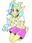  2023 alpha_channel blue_hair blush bottomwear clothing crop_top demon discount-supervillain female hair horn horned_humanoid humanoid humanoid_pointy_ears kneeling midriff not_furry shirt shorts simple_background topwear transparent_background yellow_body yellow_skin 