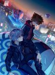  2boys aqua_eyes black_jacket black_pants blue_eyes boots brown_hair city city_lights cityscape closed_mouth dddagneo grey_hair highres hood hood_down hooded_jacket jacket kingdom_hearts kingdom_hearts_iii leather leather_jacket light_smile long_sleeves looking_at_another male_focus multiple_boys pants parted_lips riku_(kingdom_hearts) short_hair smile sora_(kingdom_hearts) spiked_hair 