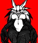  anthro big_breasts black_sclera breasts cheek_tuft chest_tuft facial_markings facial_tuft featureless_crotch female front_view fur ghost grey_body grey_fur head_markings kon_(scared_bum) looking_at_viewer low-angle_view markings navel nipple_outline red_background red_eyes scared_bum simple_background sleep_paralysis_demon smile solo spirit striped_body stripes thick_thighs tuft white_body white_fur wide_hips worm&#039;s-eye_view 