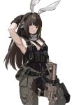  1girl animal_ears armpits assault_rifle black_corset breasts brown_hair chest_rig corset expressionless fake_animal_ears girls&#039;_frontline green_pants gun highres looking_at_viewer m4_carbine m4a1_(girls&#039;_frontline) magazine_(weapon) multicolored_hair mutugorou_u pants playboy_bunny rifle solo streaked_hair weapon 