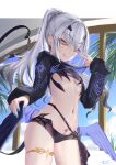  1girl asobeco bikini black_bikini black_jacket breasts cropped_jacket dragon_wings fate/grand_order fate_(series) forked_eyebrows high_ponytail highres jacket licking_lips long_hair long_sleeves looking_at_viewer melusine_(fate) melusine_(swimsuit_ruler)_(fate) navel pubic_tattoo shrug_(clothing) sidelocks small_breasts smile solo swimsuit tail tattoo thighs tongue tongue_out white_hair wings yellow_eyes 