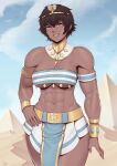  1girl abs absurdres biceps black_hair blue_eyes blush breasts cleavage dark-skinned_female dark_skin day egyptian_clothes hand_on_hip highres large_breasts looking_at_viewer muscular muscular_female navel original outdoors parted_lips short_hair smile solo speedl00ver tomboy 