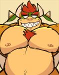  2023 absurd_res anthro barazoku belly big_muscles big_pecs body_hair bowser chest_hair eyebrows front_view hair hi_res horn huge_muscles huge_pecs janjauwu koopa looking_at_viewer male mario_bros musclegut muscular muscular_anthro muscular_male narrowed_eyes navel nintendo nipples non-mammal_nipples nude pecs scalie sharp_teeth shell simple_background smile solo spiked_shell spikes spikes_(anatomy) tan_background teeth 