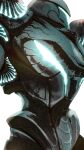  armor close-up cowboy_shot dark_samus film_grain from_side full_armor glowing glowing_armor helmet highres metroid metroid_prime_3:_corruption neon_trim out_of_frame power_suit simple_background solo teke white_background 