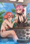  2girls alcohol archinoer bar_(place) bar_stool blush bottle breasts cleavage cocktail cocktail_glass counter cup drink drinking_glass earrings eyewear_on_head feather_earrings feathers gradient_hair highres holding holding_cup hololive hololive_english jewelry liquor long_hair looking_at_viewer mori_calliope multicolored_hair multiple_girls orange_hair pink_hair purple_eyes sitting smile stool swimsuit takanashi_kiara virtual_youtuber wine_glass 