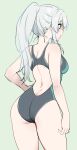  1girl arm_at_side ass black_one-piece_swimsuit blush breasts brown_eyes commentary_request competition_swimsuit contrapposto cow from_behind green_background grey_hair hair_between_eyes half_updo hand_on_own_hip highres idoly_pride legs_apart looking_ahead median_furrow one-piece_swimsuit parted_lips plum_(arch) ponytail profile racerback sidelocks small_breasts solo swimsuit tendou_rui thighs 