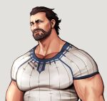  1boy arcane:_league_of_legends areyoucracked bad_id bad_twitter_id bara beard closed_mouth facial_hair grey_background highres large_pectorals league_of_legends looking_at_viewer male_focus mature_male muscular muscular_male pectorals shirt short_hair simple_background solo vander_(arcane) white_shirt 