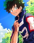  129akopricot 1boy absurdres blurry blurry_foreground blush boku_no_hero_academia bright_pupils chromatic_aberration clothes_grab cloud commentary day depth_of_field falling_leaves freckles from_side green_eyes green_hair hand_up high_collar highres jacket jacket_grab leaf light looking_at_viewer looking_to_the_side male_focus midoriya_izuku multiple_scars open_collar outdoors scar scar_on_arm scar_on_hand short_hair sidelighting signature sleeves_rolled_up smile soft_focus solo sunlight sweat track_jacket u.a._gym_uniform upper_body white_pupils 