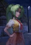  1girl closed_mouth collared_shirt fence frown green_eyes green_hair hair_intakes hand_on_own_hip high-waist_skirt highres higurashi_no_naku_koro_ni lamppost long_hair nasubin_(nasubisamurai15) necktie night open_clothes open_vest outdoors pleated_skirt ponytail red_necktie red_skirt road school_uniform shirt short_sleeves sidelocks skirt solo sonozaki_mion standing street very_long_hair vest wing_collar yellow_vest 