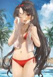  1girl bare_arms bare_legs bare_shoulders bikini black_hair blush brown_eyes collarbone cowboy_shot day high_ponytail highres kantai_collection long_hair navel nisshin_(kancolle) ocean one_eye_closed open_mouth outdoors red_bikini short_eyebrows smile solo swimsuit toka_(marchlizard) towel towel_around_neck tree very_long_hair 